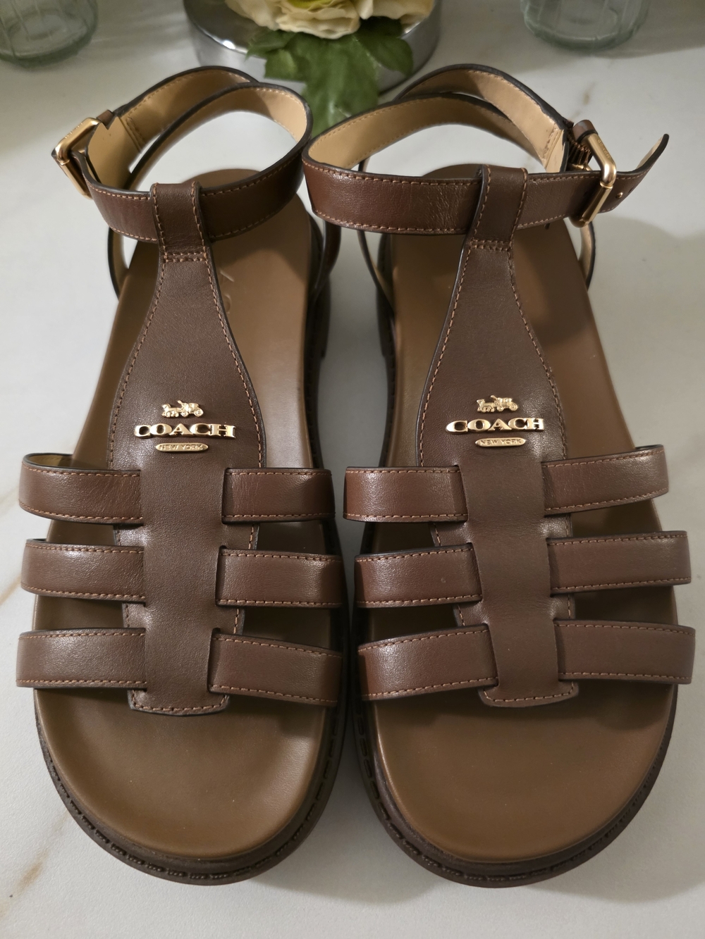 COACH Brown Leather Strappy T-Bar Sandals